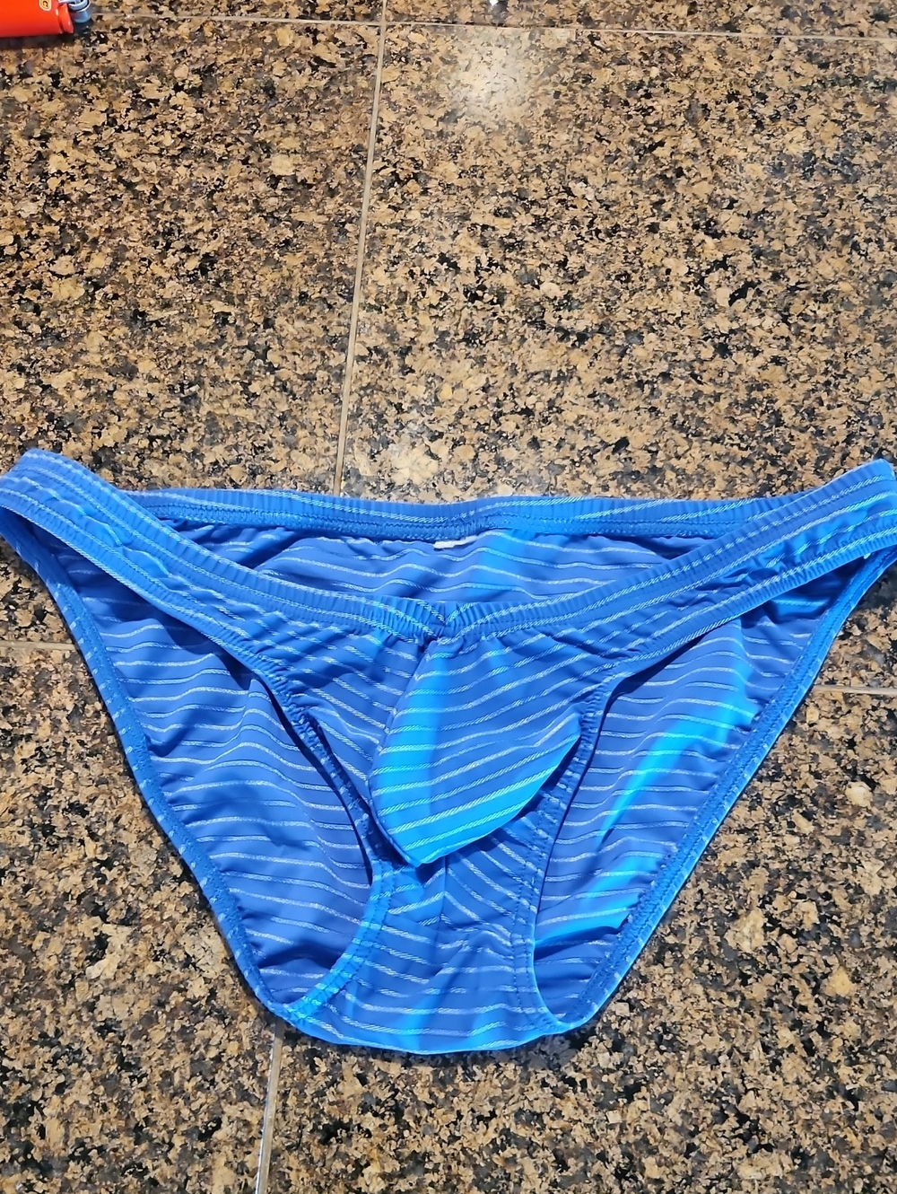 Men Mesh Stripe Pouch Brief Small Blue
